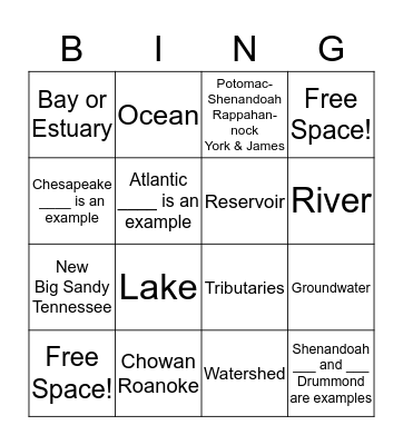 Watershed and Water Resources  Bingo Card
