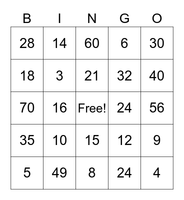 Multiplication Facts 1-10 Bingo Card