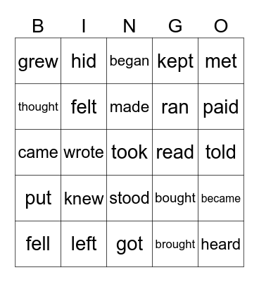 IRREGULAR VERBS BINGO - 8th grade Bingo Card