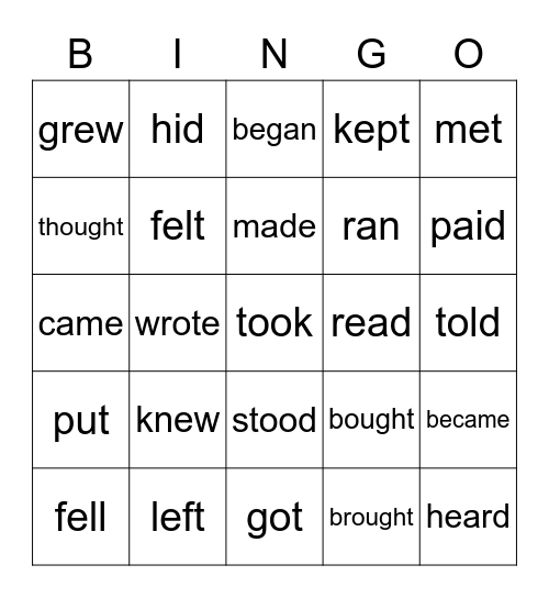 IRREGULAR VERBS BINGO - 8th grade Bingo Card