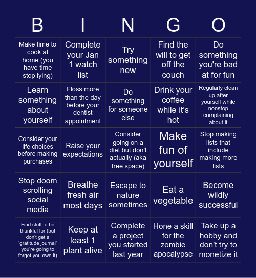 New Years Resolution Bingo Card