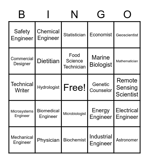 STEM Careers Bingo Card