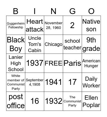 Richard Wright  Bingo Card