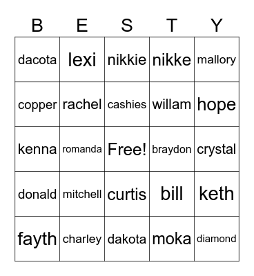 my family/friends Bingo Card