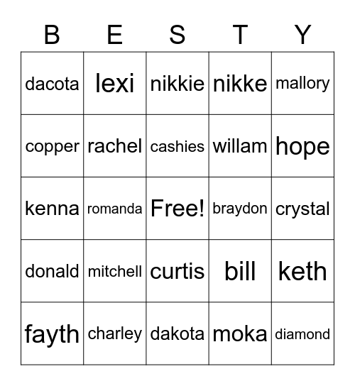 my family/friends Bingo Card