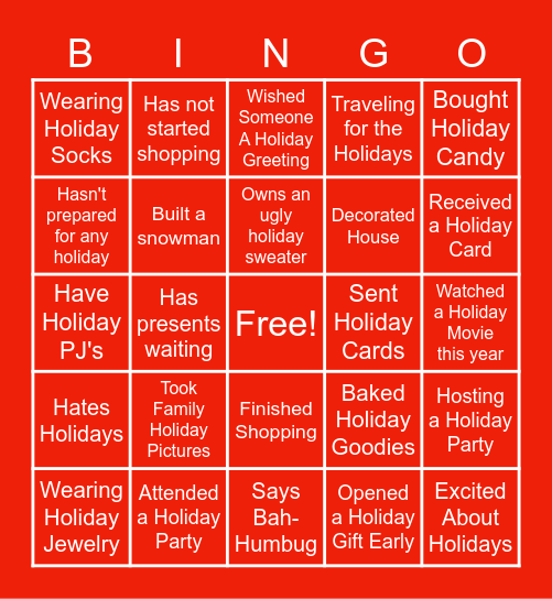 Holiday Fun Bingo Card