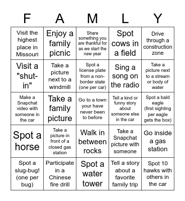 Christmas Road Trip 2022 Bingo Card