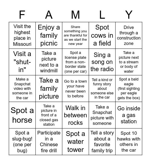 Christmas Road Trip 2022 Bingo Card