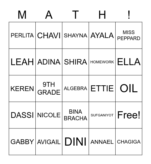 9th Grade Math Bingo Card