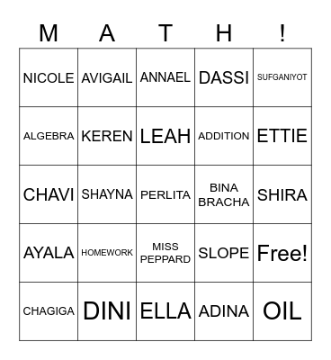 9th Grade Math Bingo Card