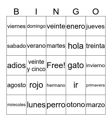 Spanish Bingo Card