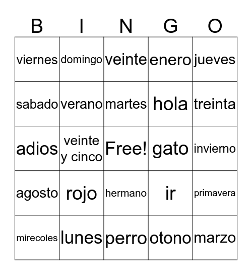 Spanish Bingo Card