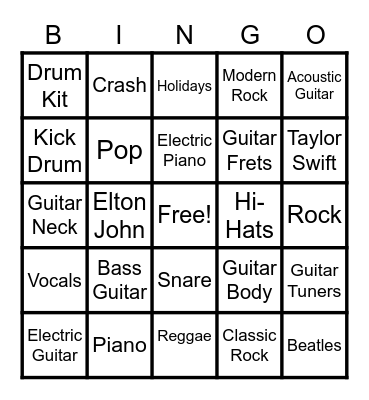 School of Rock Rookies December 22nd Bingo Card