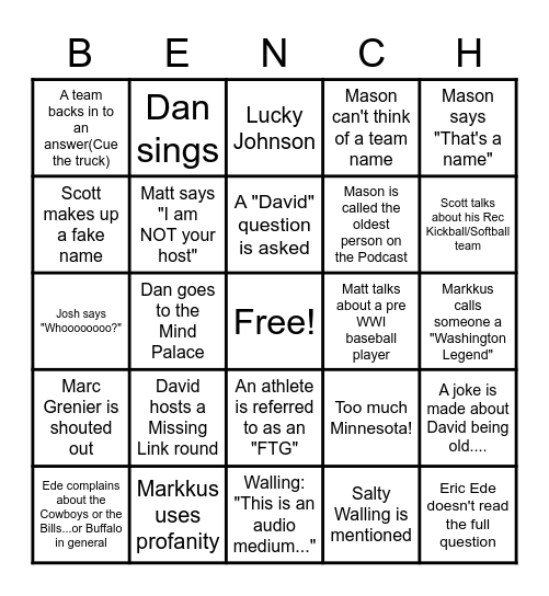 Benchwarmers Bingo Card Bingo Card