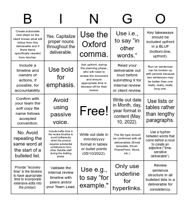 Deliverables 101 Bingo Card