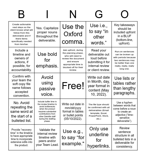 Deliverables 101 Bingo Card