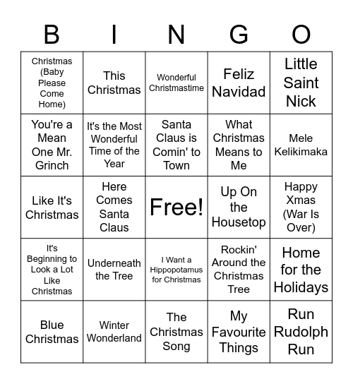 Christmas Hits Bingo Card