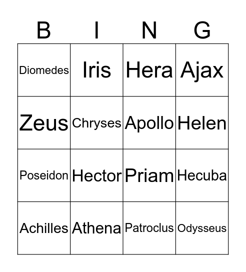 The Iliad Bingo Card