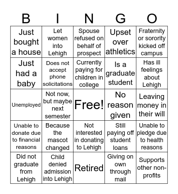Refusal Reason Bingo Card