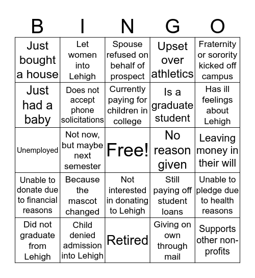 Refusal Reason Bingo Card