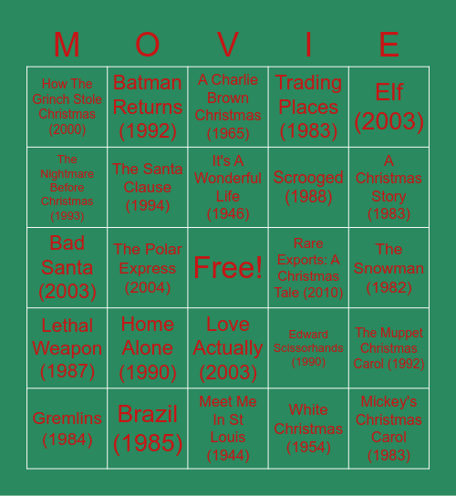 30 Best Christmas Movies Bingo Card