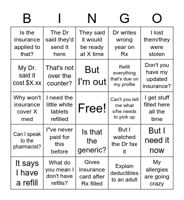 Pharmacy Bingo Card