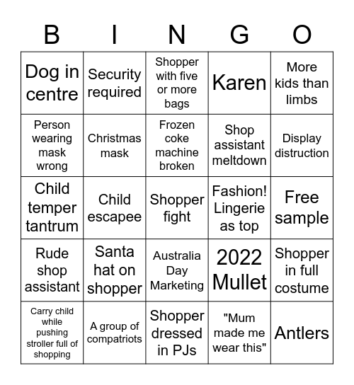 Xmas Eve Eve Shopping Bingo Card