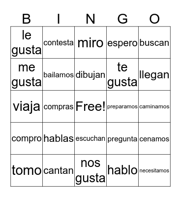 Present tense -ar Verbs Bingo Card