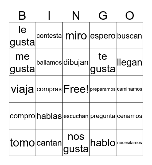 Present tense -ar Verbs Bingo Card