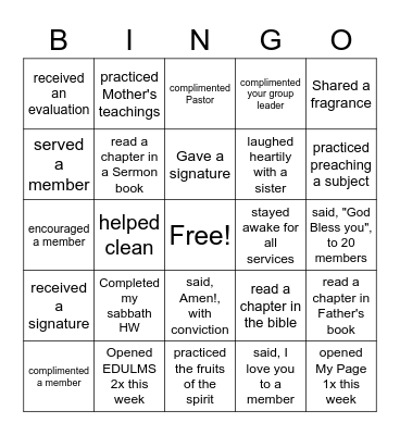 Sabbath Day Bingo Card