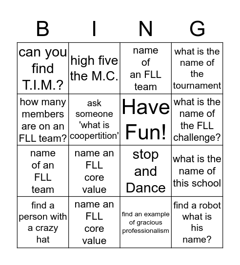 Jr FLL Scavenger Hunt Bingo Card