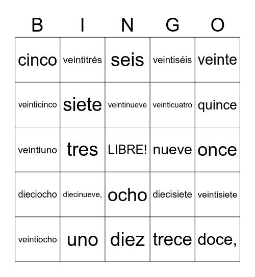 Spanish numbers 1-30 Bingo Card