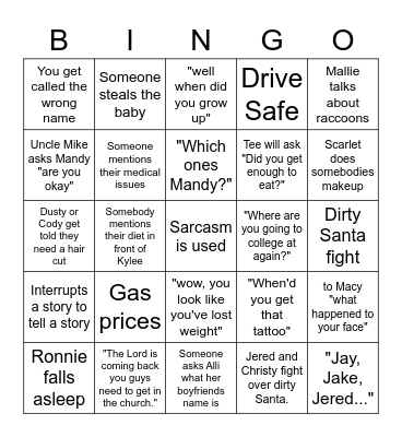 Warrens Family Christmas Bingo Card