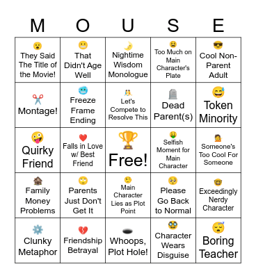 Disney Channel Original Movie Bingo Card
