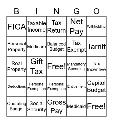 Tax/Federal Budget  Bingo Card