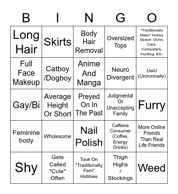 Femboy Bingo Card