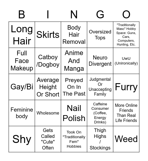 Femboy Bingo Card