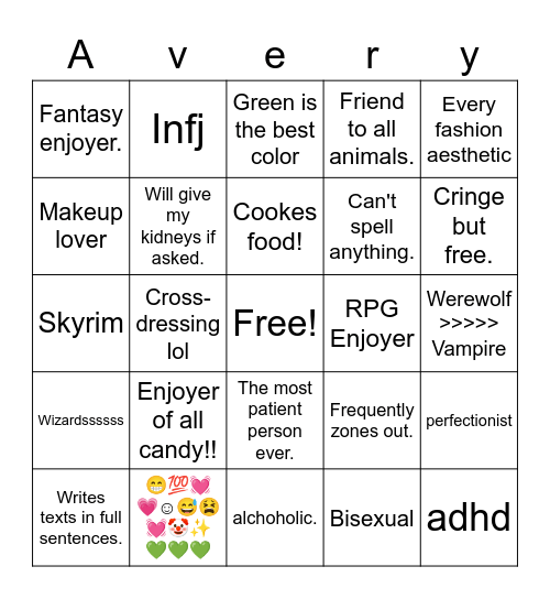 Avery Bingo Card