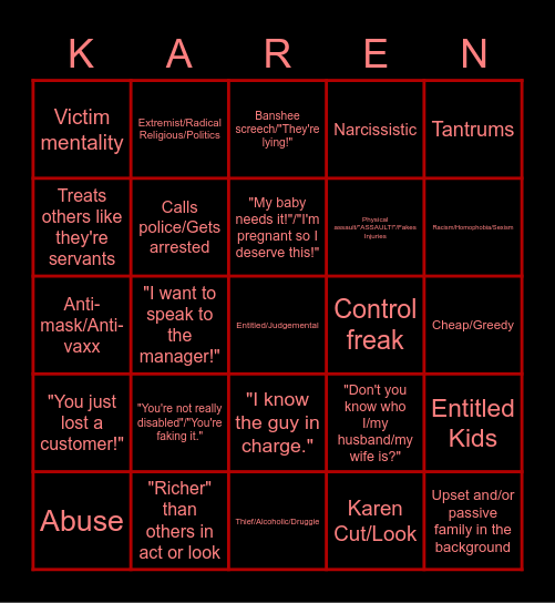 Karen Bingo Card
