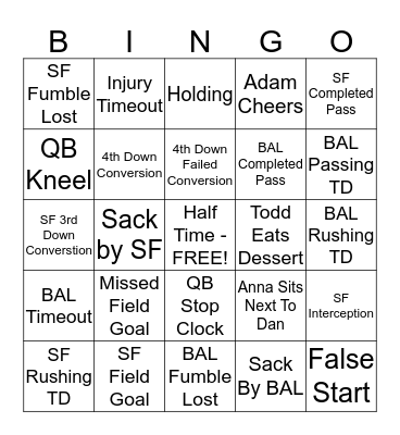 Superbowl 2013 Bingo Card