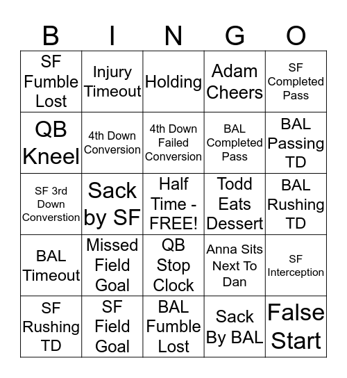 Superbowl 2013 Bingo Card