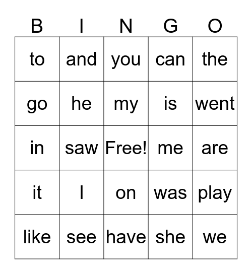 Sight Word BIngo Card