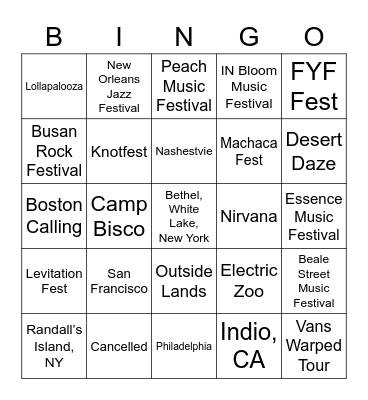 Music Festivals Bingo Card