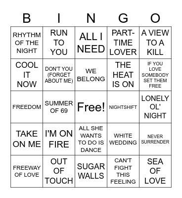 80'S HITS Bingo Card