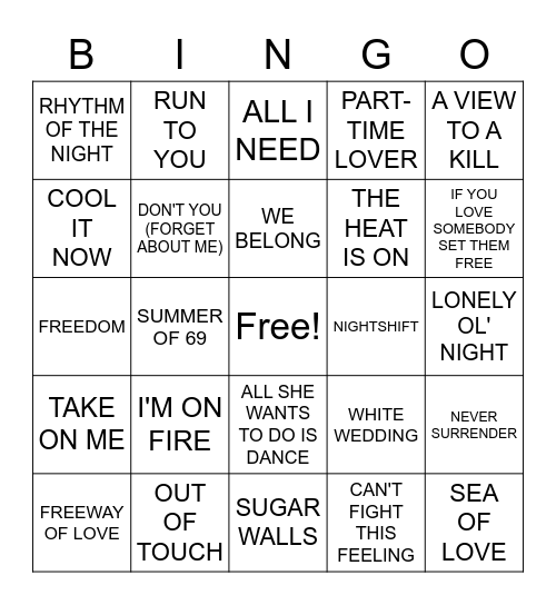 80'S HITS Bingo Card