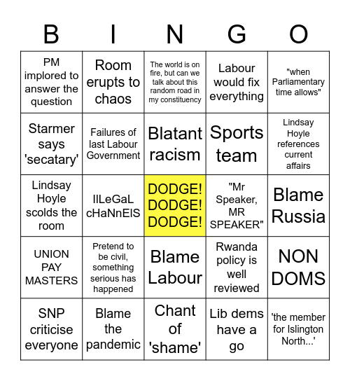 PMQs Bingo Card