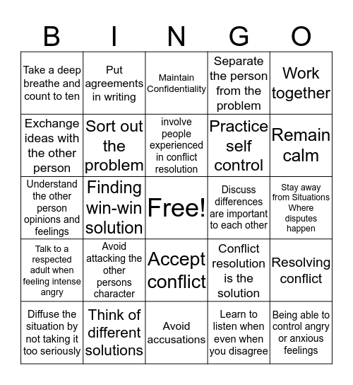 Conflict Resolution Tips  Bingo Card