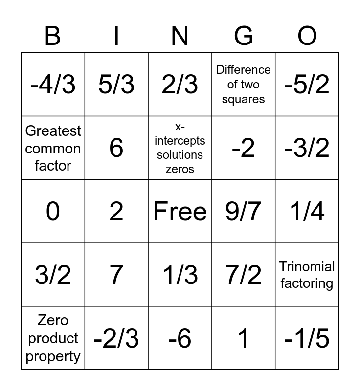 Quadratic Solutions Bingo Card
