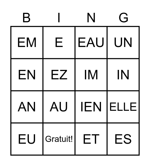 Graphemes Bingo Card