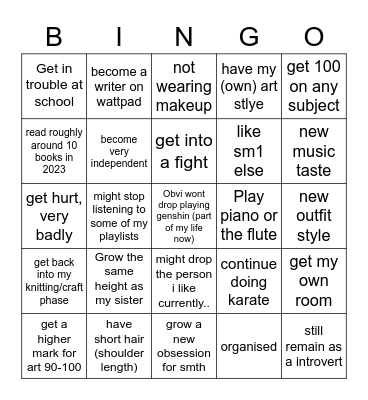 Briella 2023 Bingo Card